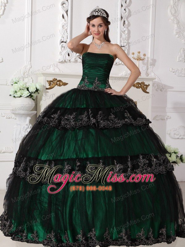 wholesale dark green ball gown strapless floor-length taffeta and tulle appliques quinceanera dress