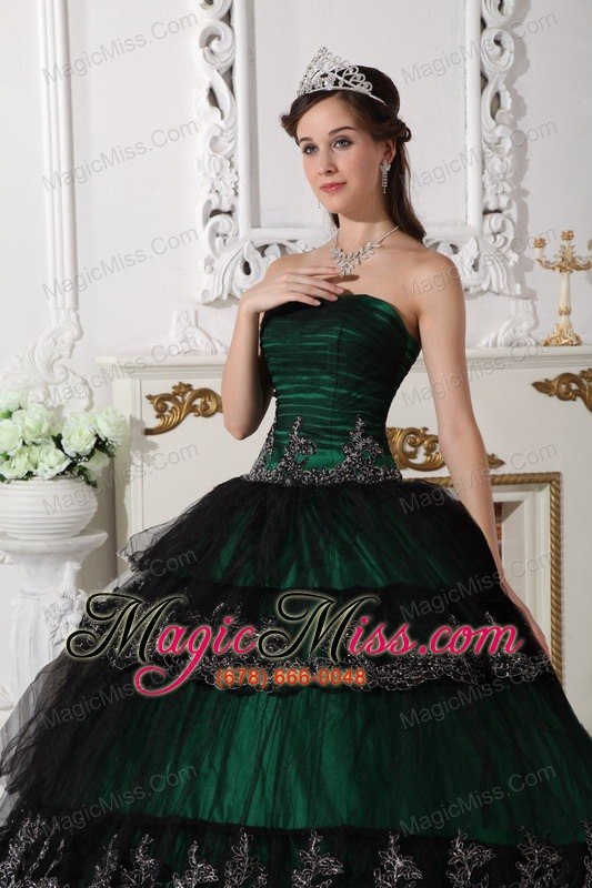 wholesale dark green ball gown strapless floor-length taffeta and tulle appliques quinceanera dress