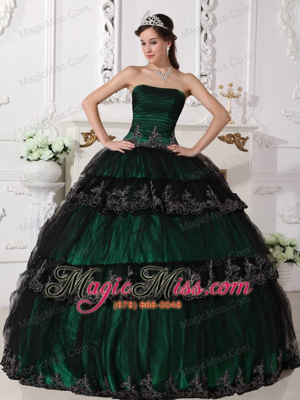 wholesale dark green ball gown strapless floor-length taffeta and tulle appliques quinceanera dress