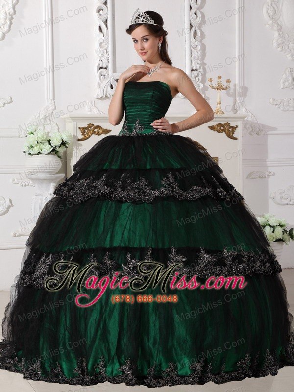 wholesale dark green ball gown strapless floor-length taffeta and tulle appliques quinceanera dress