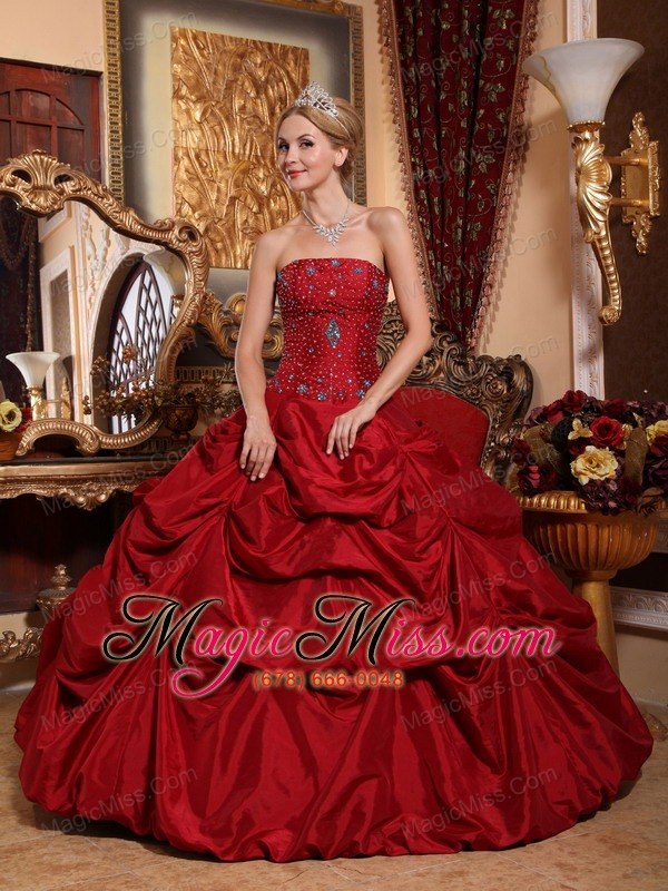 wholesale wine red ball gown strapless floor-length taffeta beading quinceanera dress