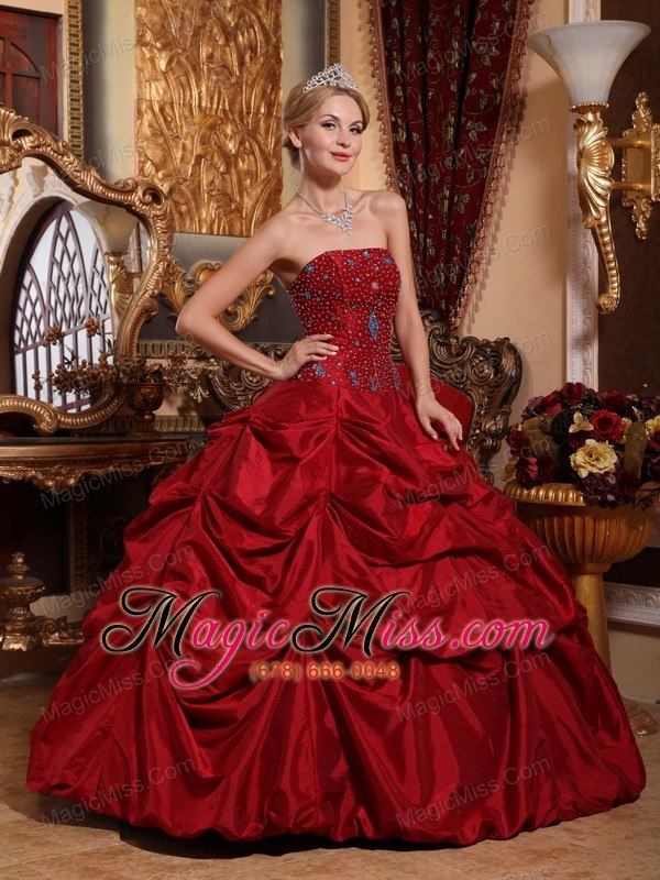 wholesale wine red ball gown strapless floor-length taffeta beading quinceanera dress