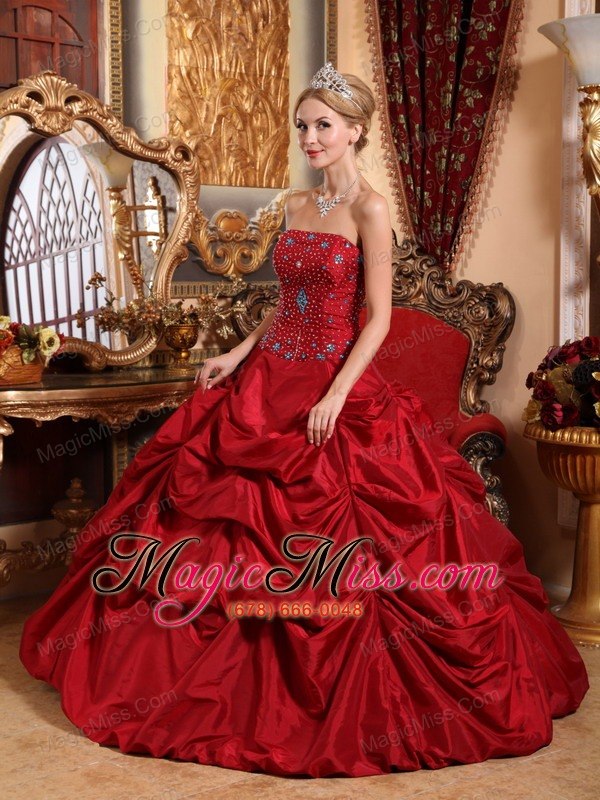 wholesale wine red ball gown strapless floor-length taffeta beading quinceanera dress