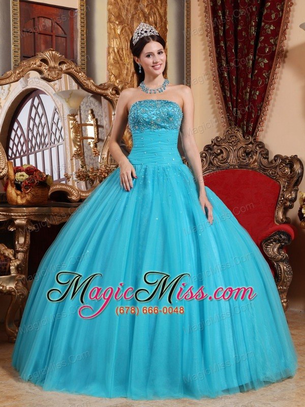 wholesale aqua blue ball gown strapless floor-length tulle embroidery with beading quinceanera dress