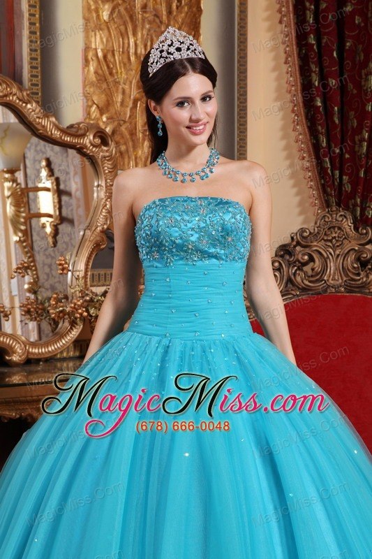 wholesale aqua blue ball gown strapless floor-length tulle embroidery with beading quinceanera dress