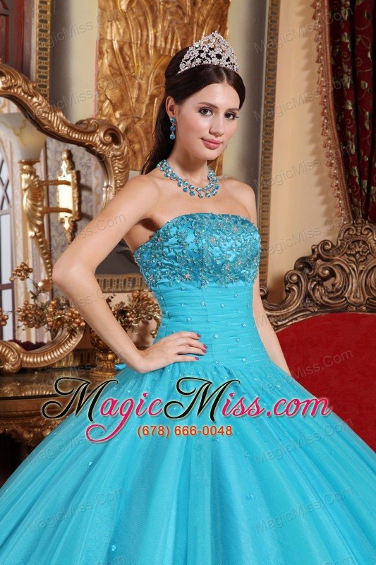 wholesale aqua blue ball gown strapless floor-length tulle embroidery with beading quinceanera dress