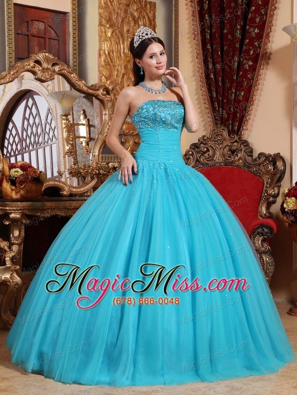 wholesale aqua blue ball gown strapless floor-length tulle embroidery with beading quinceanera dress