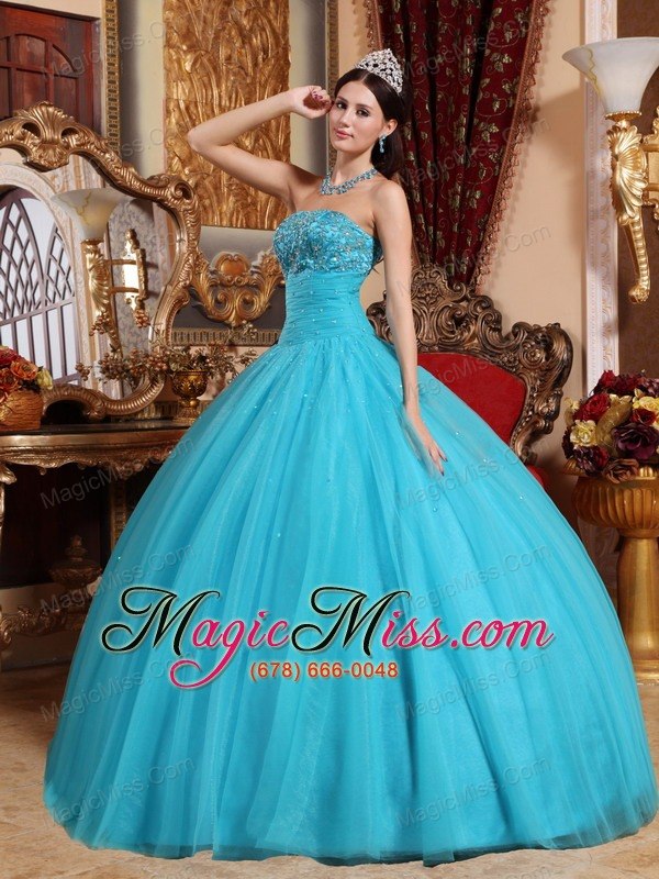 wholesale aqua blue ball gown strapless floor-length tulle embroidery with beading quinceanera dress