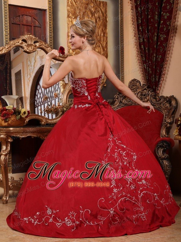 wholesale wine red ball gown strapless floor-length satin embroidery quinceanera dress