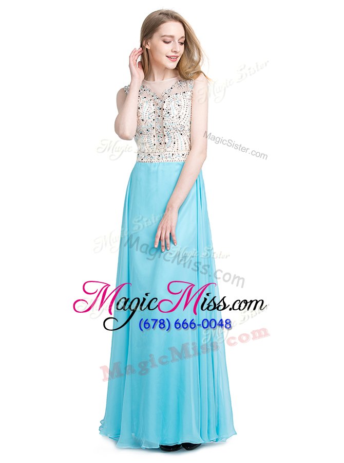 wholesale top selling scoop floor length baby blue pageant gowns chiffon sleeveless beading