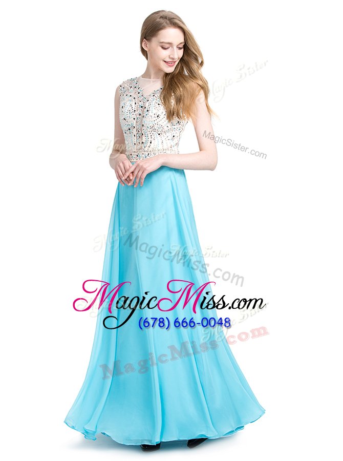 wholesale top selling scoop floor length baby blue pageant gowns chiffon sleeveless beading