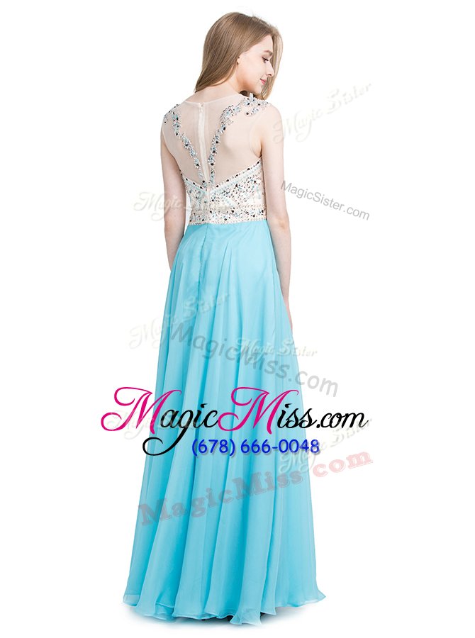 wholesale top selling scoop floor length baby blue pageant gowns chiffon sleeveless beading