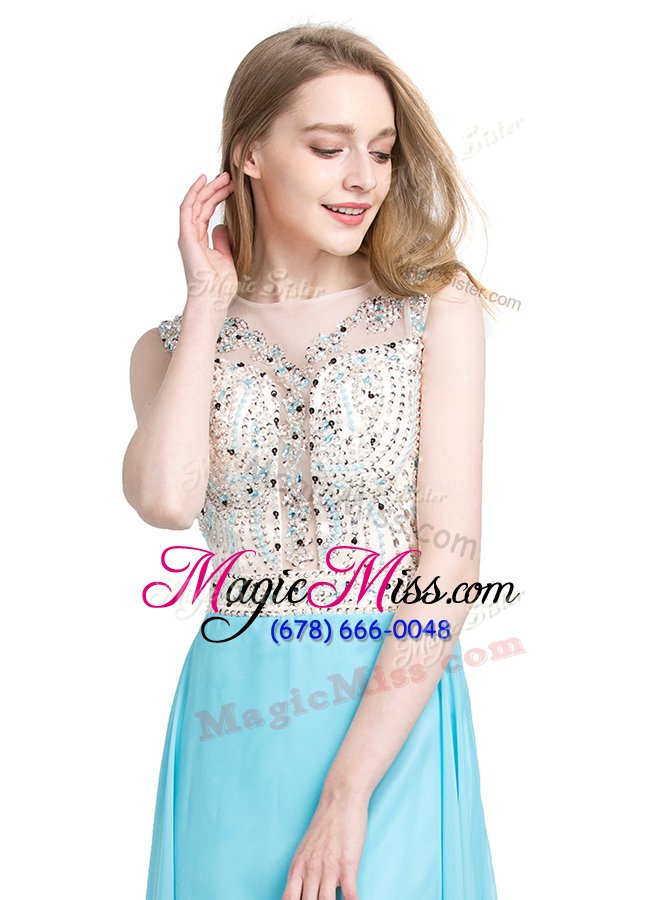 wholesale top selling scoop floor length baby blue pageant gowns chiffon sleeveless beading