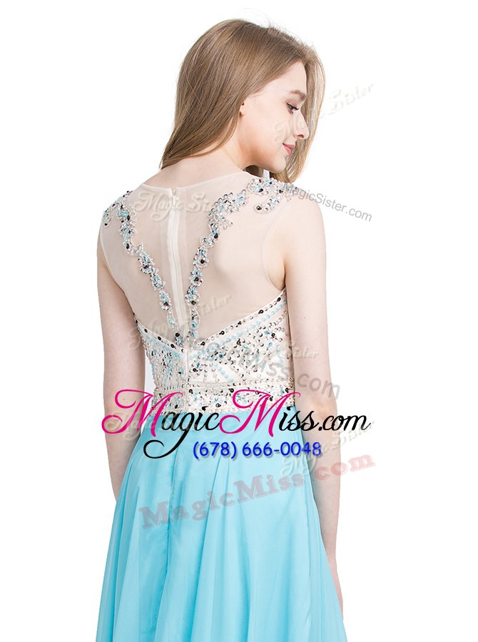 wholesale top selling scoop floor length baby blue pageant gowns chiffon sleeveless beading