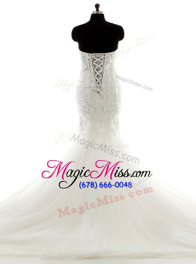 wholesale designer mermaid white lace up sweetheart lace wedding dress tulle sleeveless brush train