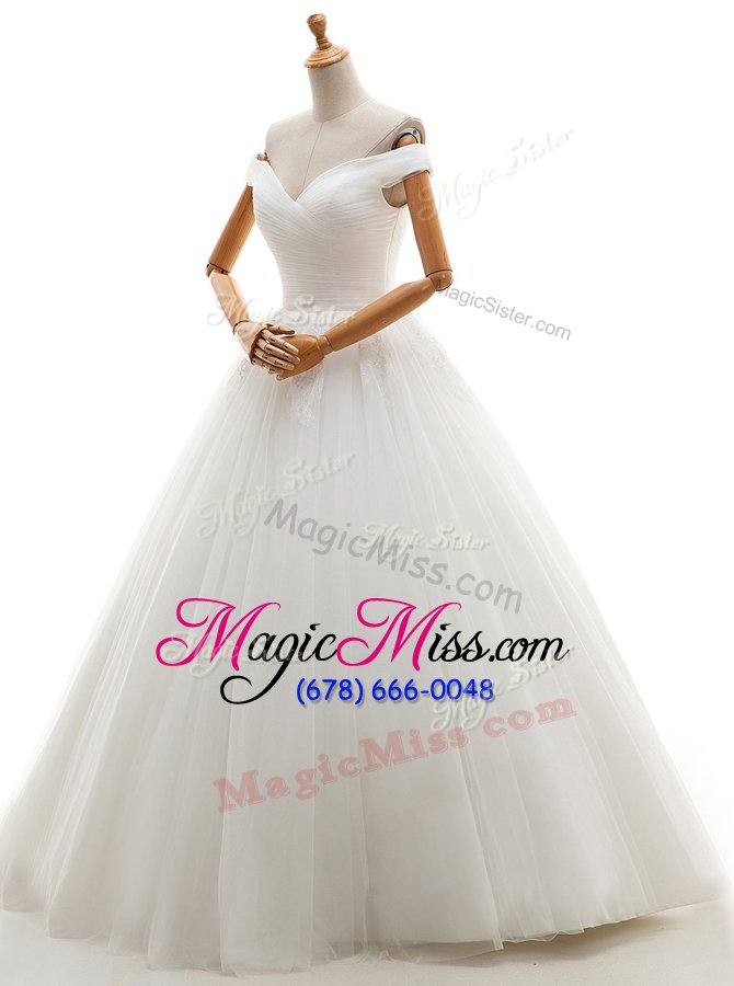 wholesale trendy off the shoulder sleeveless tulle floor length lace up wedding gowns in white for with ruching