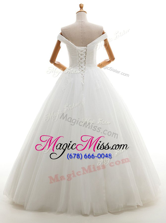 wholesale trendy off the shoulder sleeveless tulle floor length lace up wedding gowns in white for with ruching