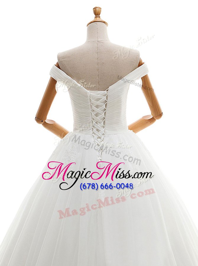 wholesale trendy off the shoulder sleeveless tulle floor length lace up wedding gowns in white for with ruching