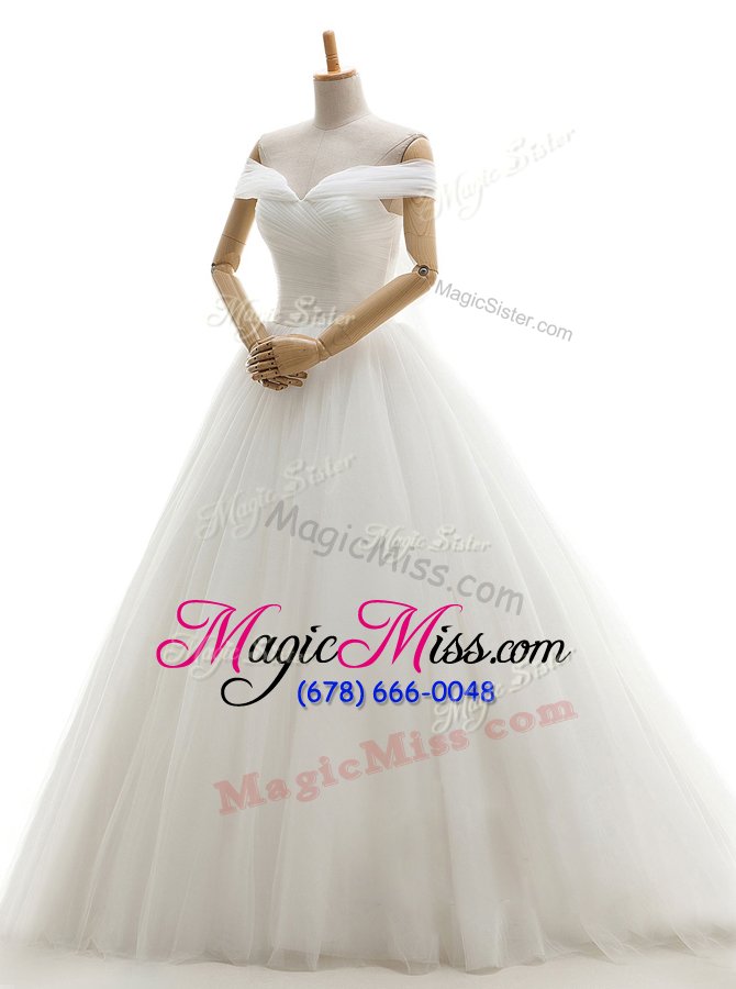 wholesale sumptuous off the shoulder ruching wedding gowns white lace up sleeveless with train court train