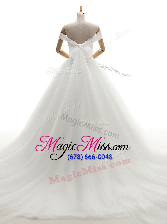 wholesale sumptuous off the shoulder ruching wedding gowns white lace up sleeveless with train court train