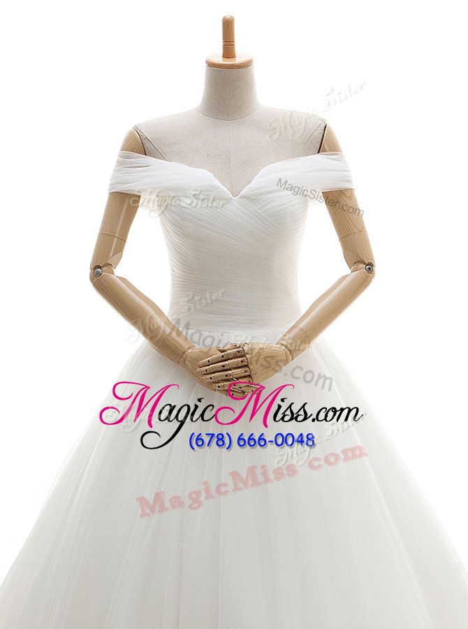 wholesale sumptuous off the shoulder ruching wedding gowns white lace up sleeveless with train court train