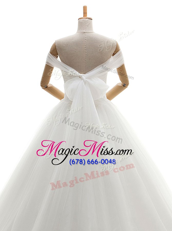 wholesale sumptuous off the shoulder ruching wedding gowns white lace up sleeveless with train court train