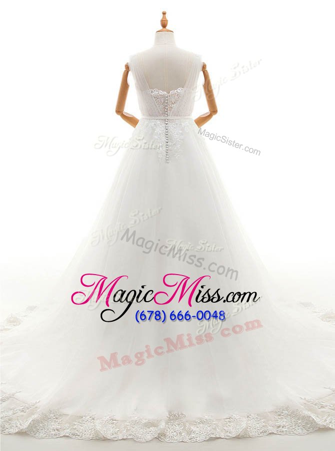 wholesale smart white tulle clasp handle wedding gown sleeveless with train court train appliques