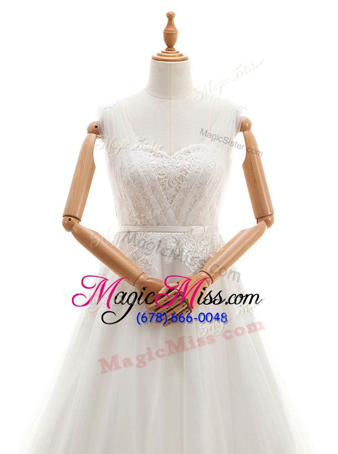 wholesale smart white tulle clasp handle wedding gown sleeveless with train court train appliques