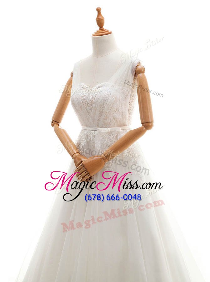 wholesale smart white tulle clasp handle wedding gown sleeveless with train court train appliques