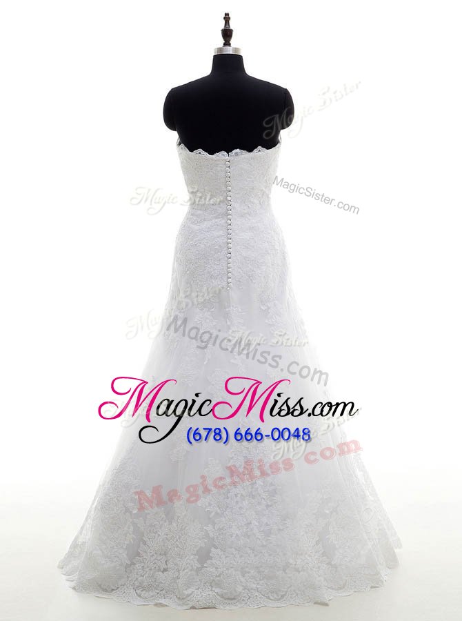 wholesale romantic white column/sheath lace strapless sleeveless lace floor length clasp handle wedding dress