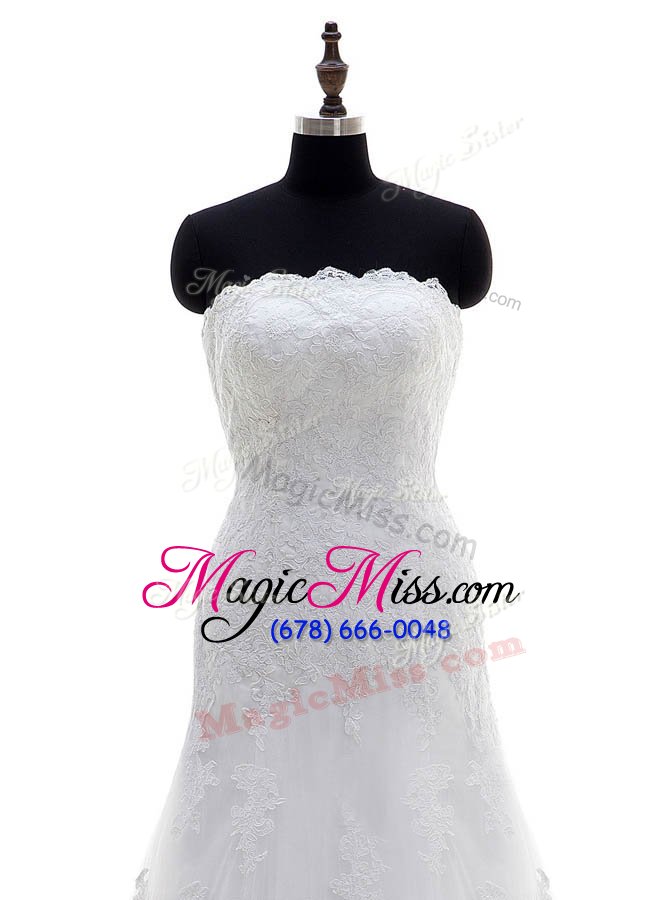 wholesale romantic white column/sheath lace strapless sleeveless lace floor length clasp handle wedding dress