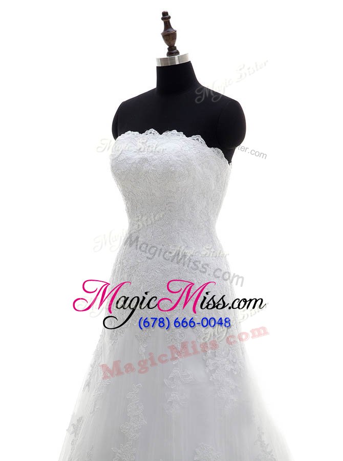 wholesale romantic white column/sheath lace strapless sleeveless lace floor length clasp handle wedding dress