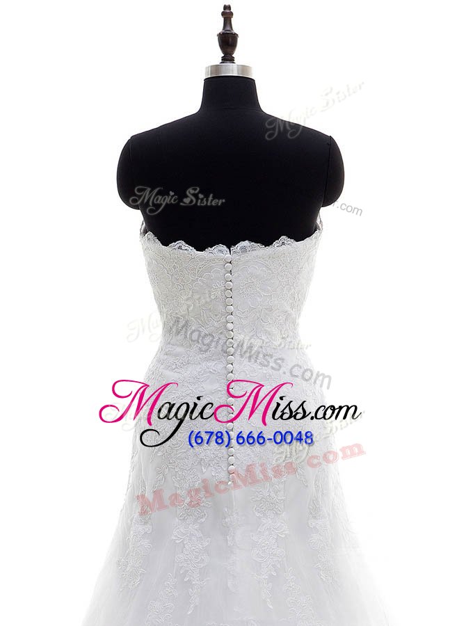 wholesale romantic white column/sheath lace strapless sleeveless lace floor length clasp handle wedding dress