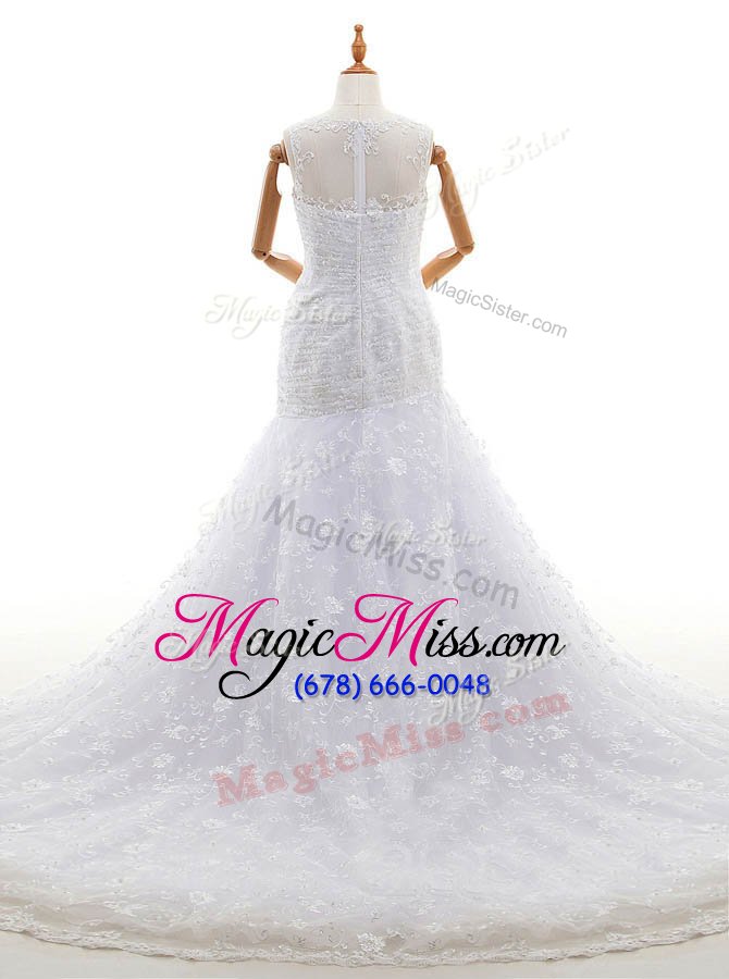 wholesale free and easy white lace zipper scoop sleeveless with train wedding dresses court train lace and ruching