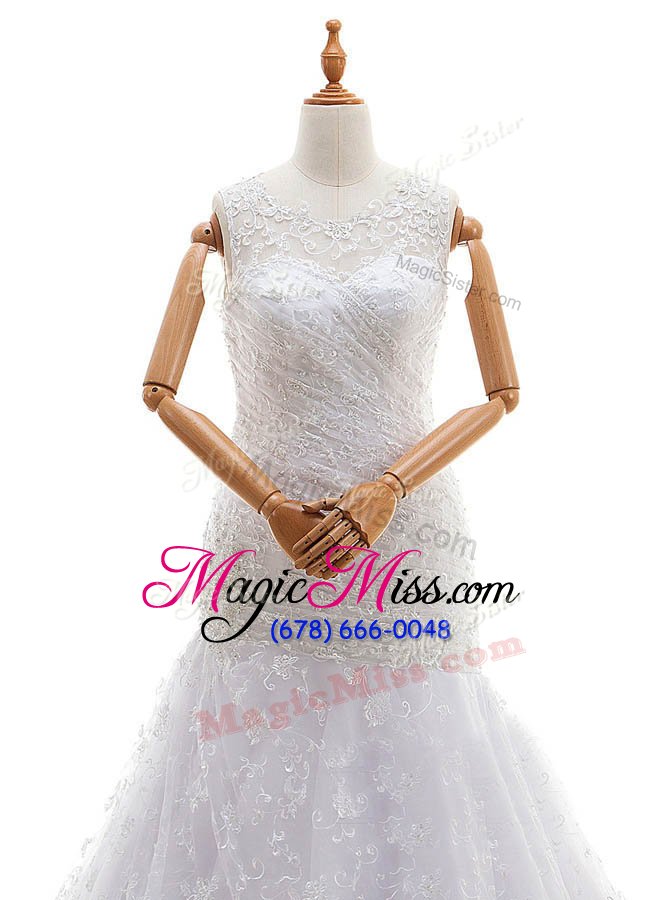 wholesale free and easy white lace zipper scoop sleeveless with train wedding dresses court train lace and ruching