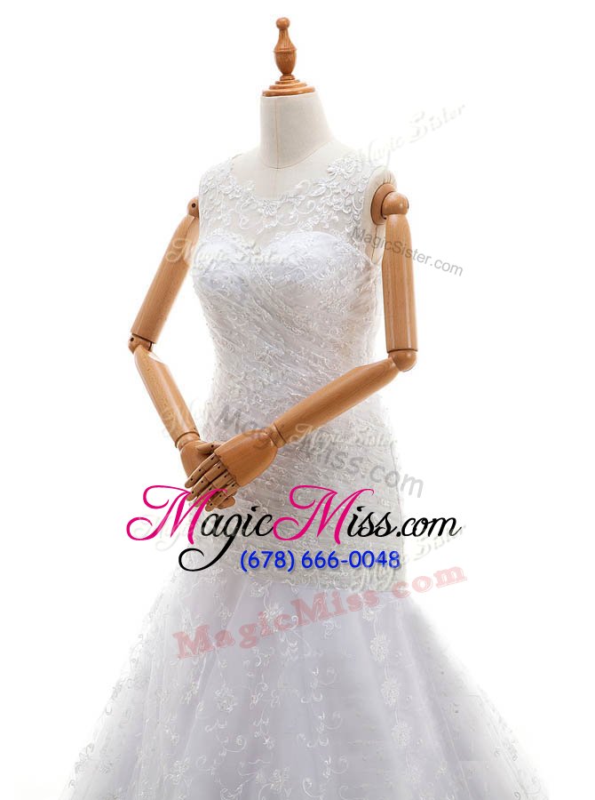 wholesale free and easy white lace zipper scoop sleeveless with train wedding dresses court train lace and ruching