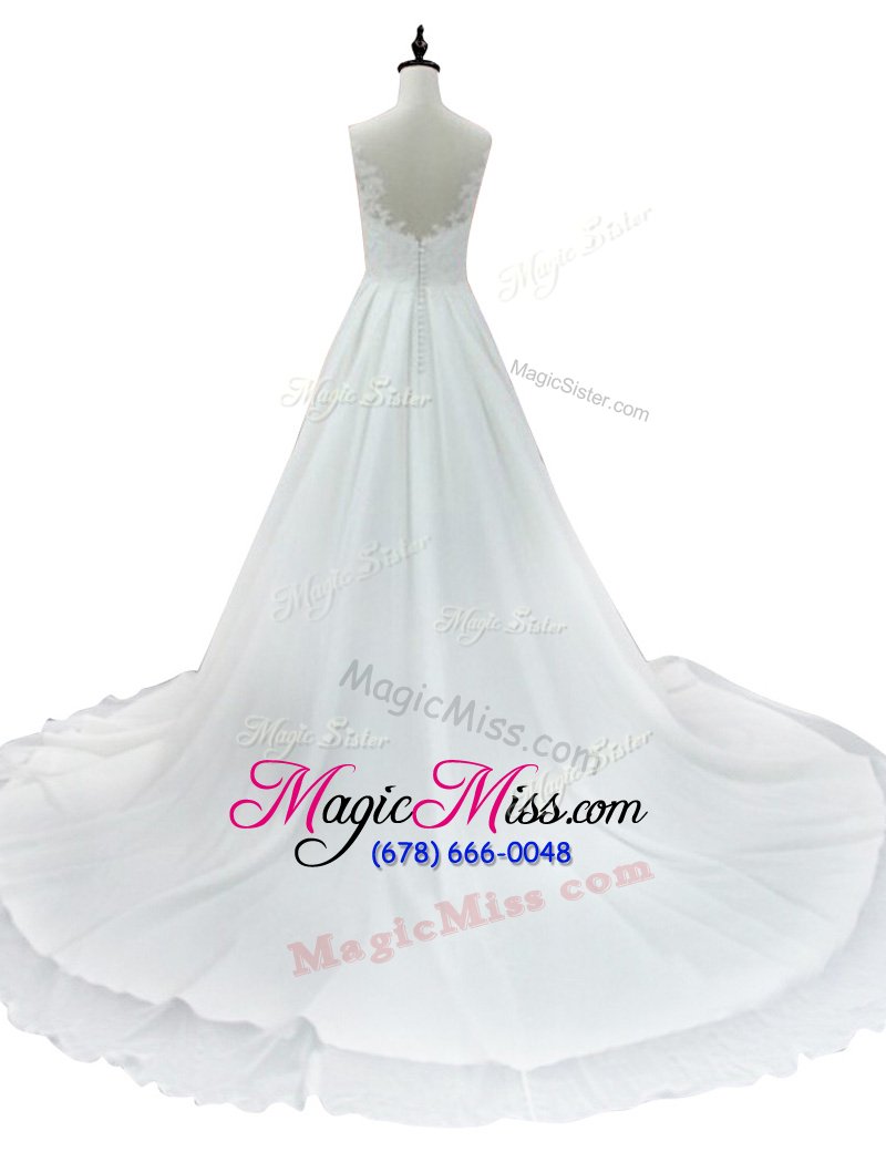 wholesale fantastic v-neck sleeveless chiffon bridal gown lace court train zipper