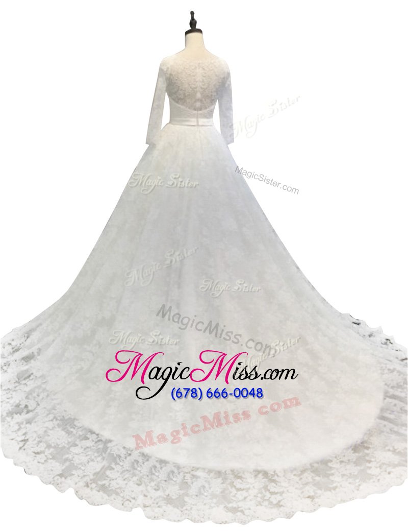 wholesale long sleeves with train lace zipper wedding dresses with white chapel train