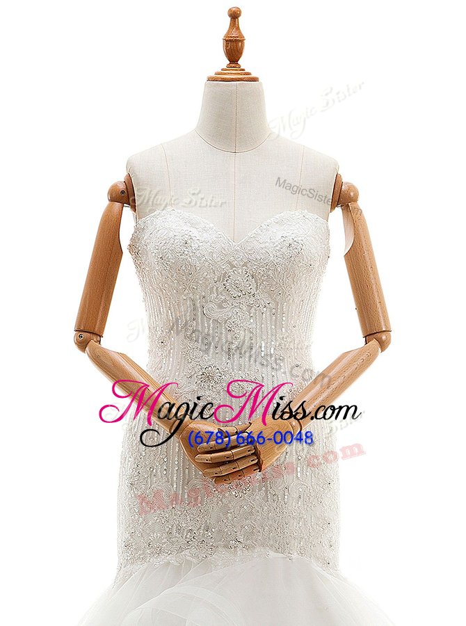 wholesale shining mermaid white sleeveless with train beading and lace and ruffled layers clasp handle wedding gowns