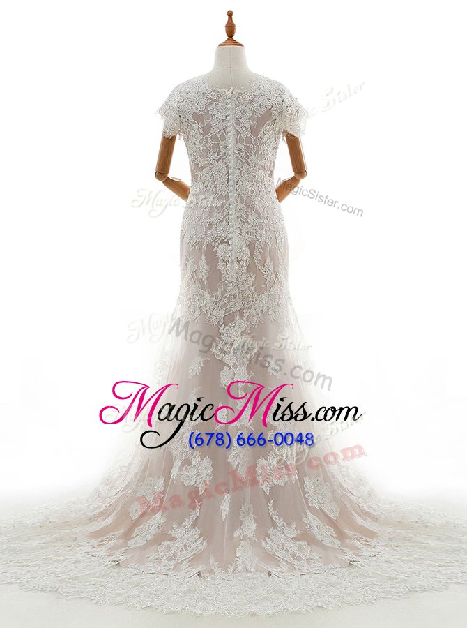 wholesale discount mermaid white cap sleeves with train lace and appliques clasp handle wedding gown