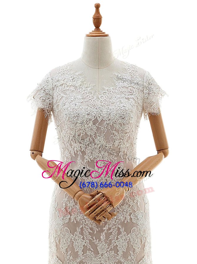 wholesale discount mermaid white cap sleeves with train lace and appliques clasp handle wedding gown