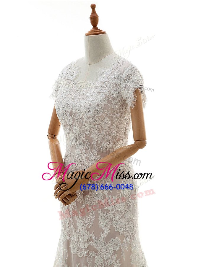 wholesale discount mermaid white cap sleeves with train lace and appliques clasp handle wedding gown