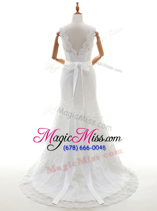 wholesale comfortable white sleeveless lace brush train backless wedding gown for wedding party