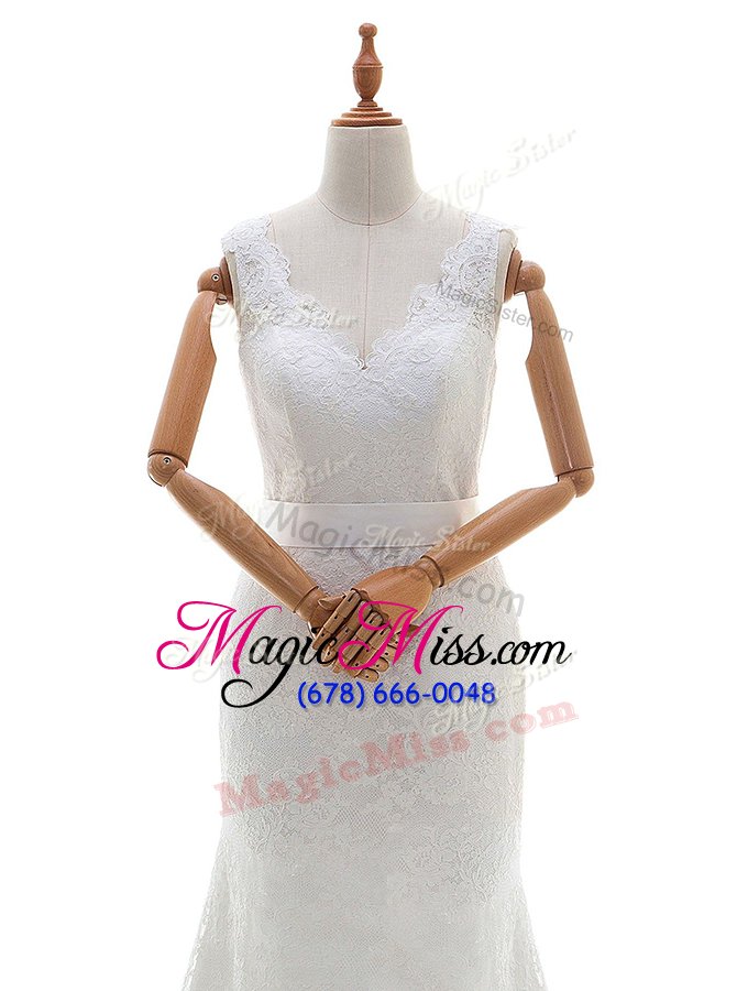 wholesale comfortable white sleeveless lace brush train backless wedding gown for wedding party