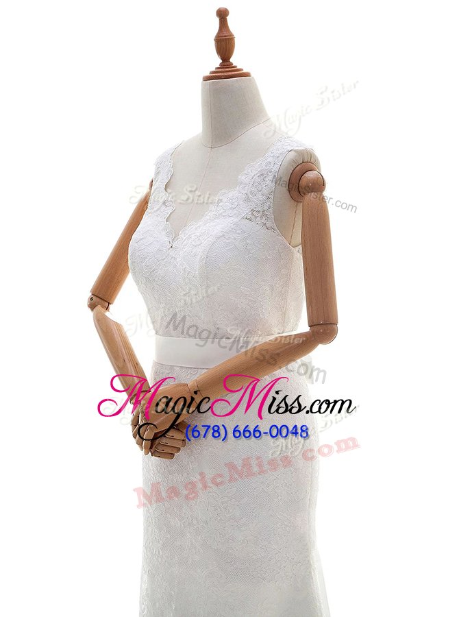 wholesale comfortable white sleeveless lace brush train backless wedding gown for wedding party