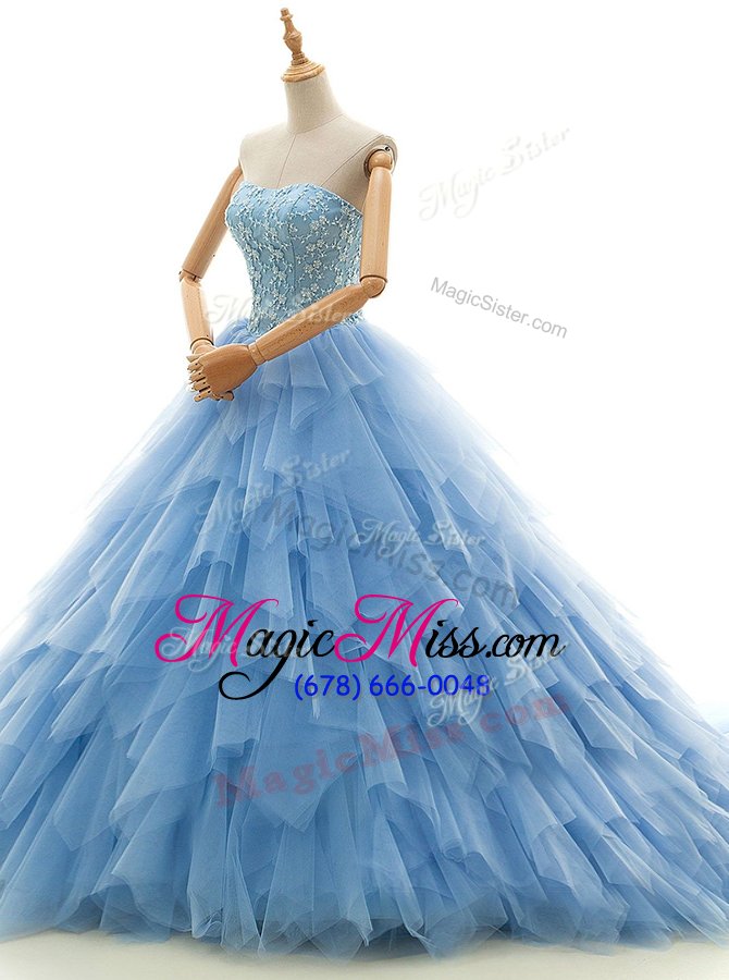 wholesale baby blue sleeveless court train beading and ruffles with train wedding dress