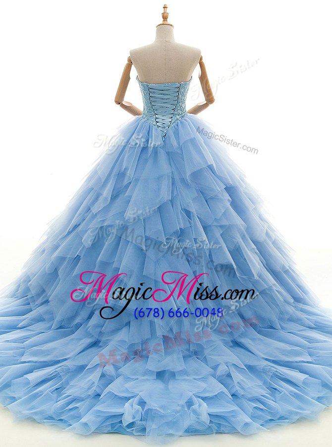 wholesale baby blue sleeveless court train beading and ruffles with train wedding dress