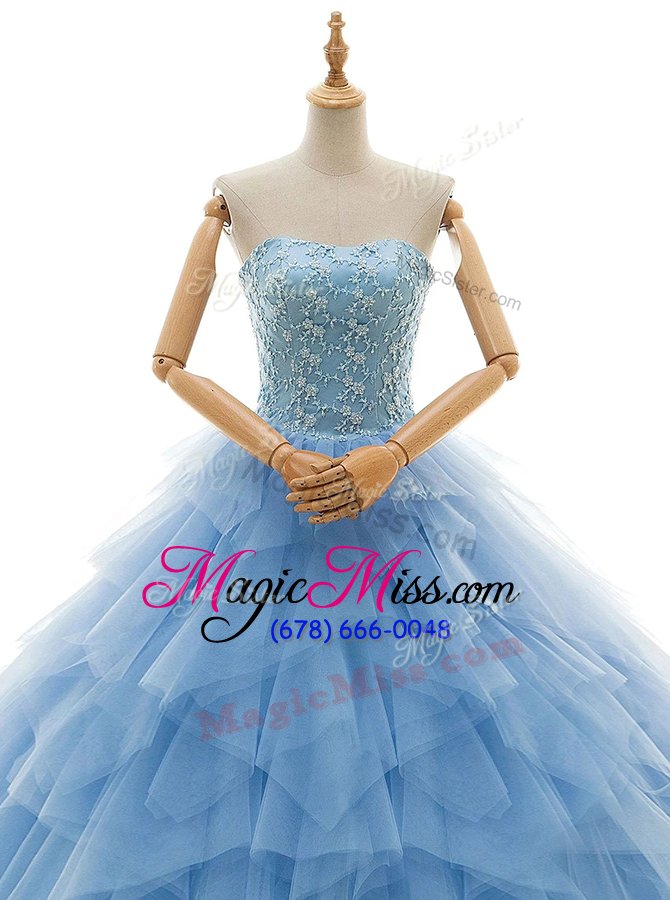 wholesale baby blue sleeveless court train beading and ruffles with train wedding dress