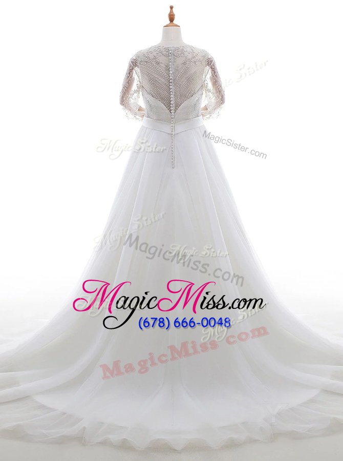 wholesale flare scoop organza 3|4 length sleeve with train wedding dress brush train and beading and lace