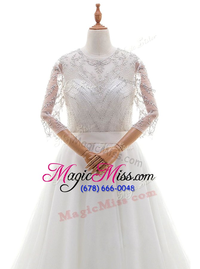 wholesale flare scoop organza 3|4 length sleeve with train wedding dress brush train and beading and lace